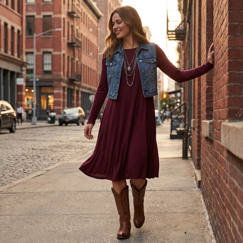 Old Navy | Rich Burgundy Red Long Sleeve Crew Neck Midi Dress Size Medium Tall - Picture 10 of 11